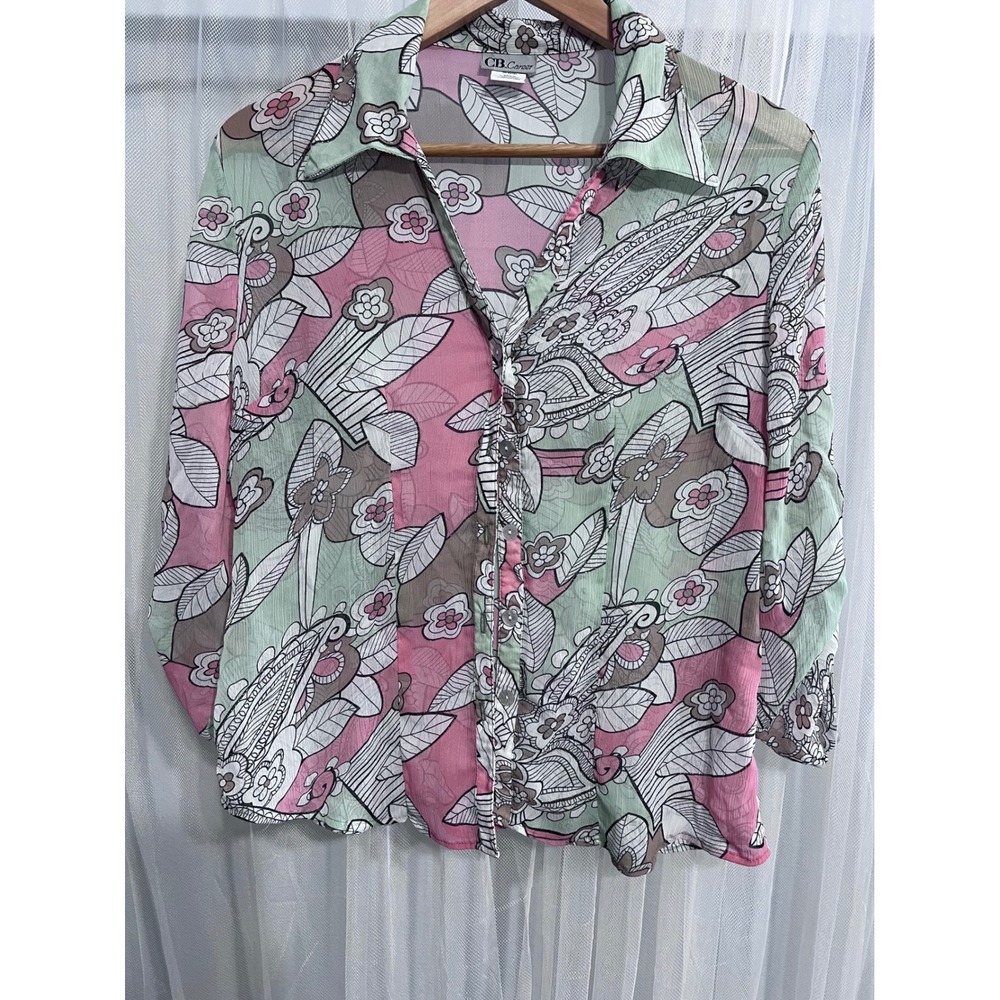 CB Career Womens Medium Pink‎ Green Floral Paisley Metallic 3/4 Sleeve Blouse